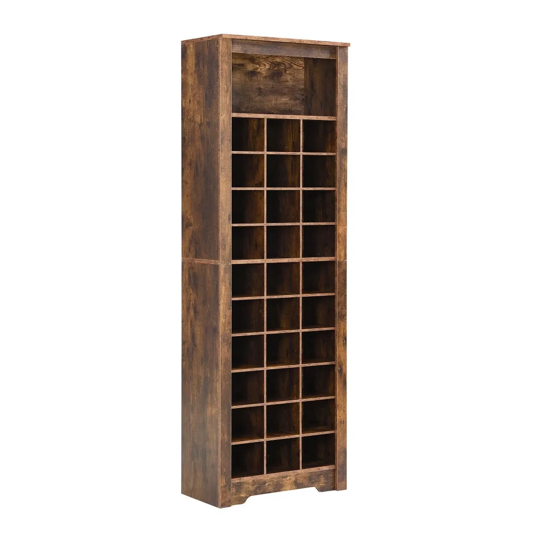 30 Shoe Cubby Console, Contemporary Shoe Cabinet, Multiple Storage, Free Standing, Versatile Use, Rustic Brown