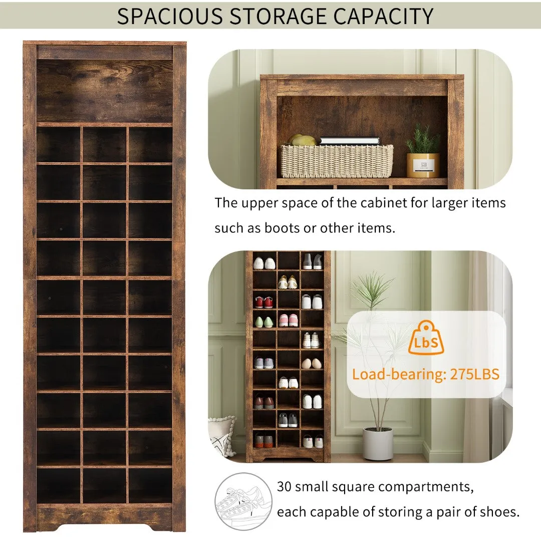 30 Shoe Cubby Console, Contemporary Shoe Cabinet, Multiple Storage, Free Standing, Versatile Use, Rustic Brown