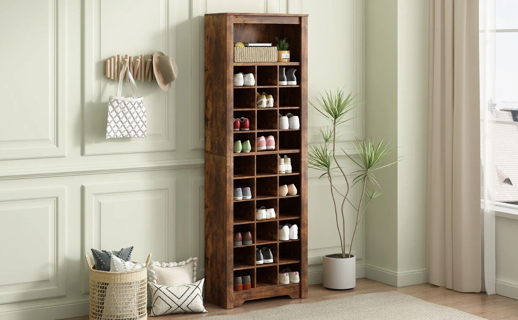 30 Shoe Cubby Console, Contemporary Shoe Cabinet, Multiple Storage, Free Standing, Versatile Use, Rustic Brown