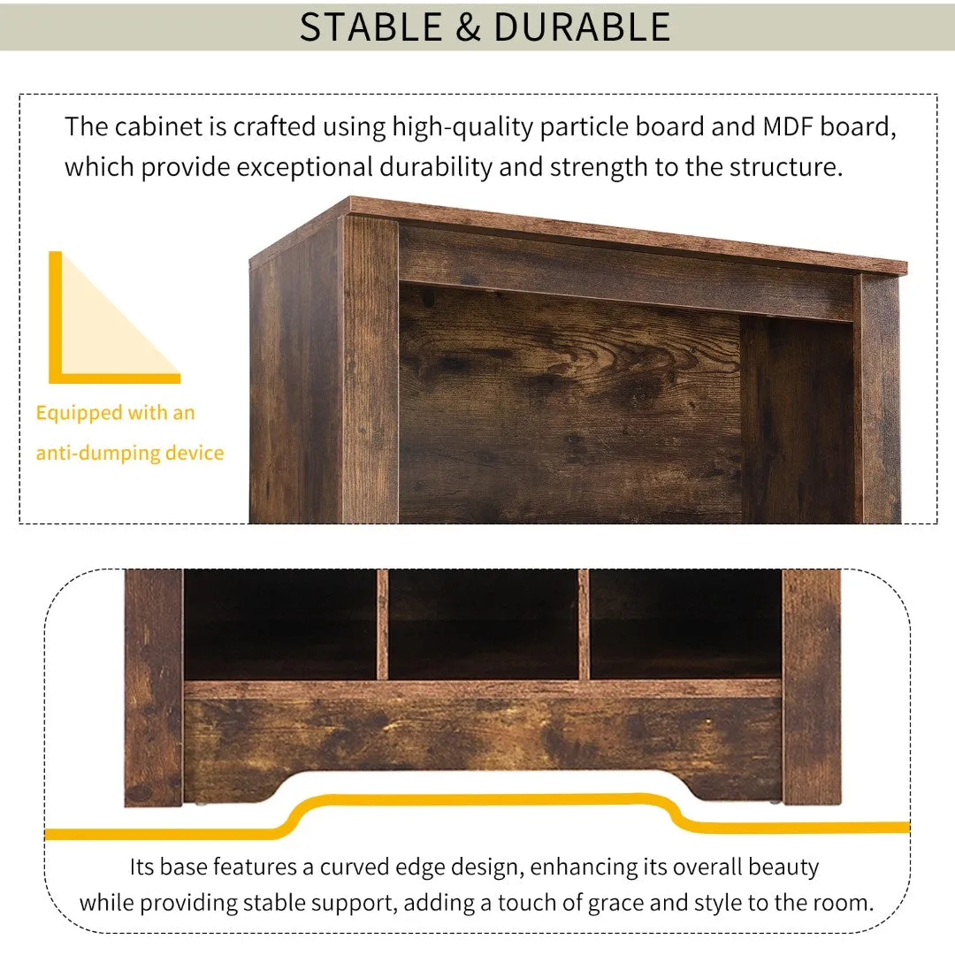 30 Shoe Cubby Console, Contemporary Shoe Cabinet, Multiple Storage, Free Standing, Versatile Use, Rustic Brown