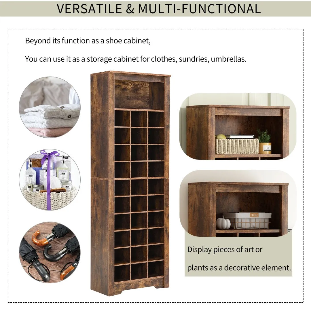 30 Shoe Cubby Console, Contemporary Shoe Cabinet, Multiple Storage, Free Standing, Versatile Use, Rustic Brown