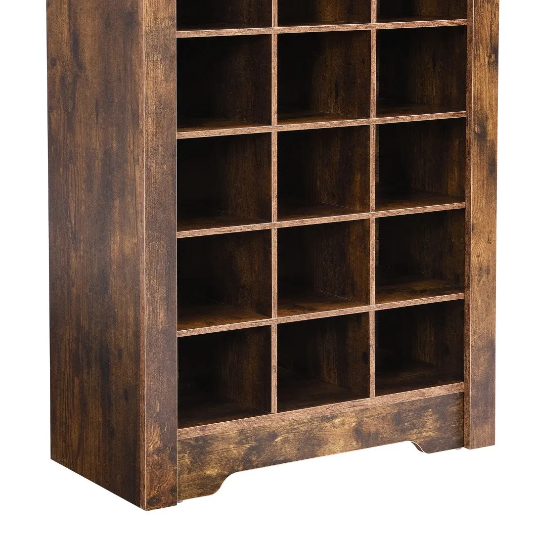 30 Shoe Cubby Console, Contemporary Shoe Cabinet, Multiple Storage, Free Standing, Versatile Use, Rustic Brown