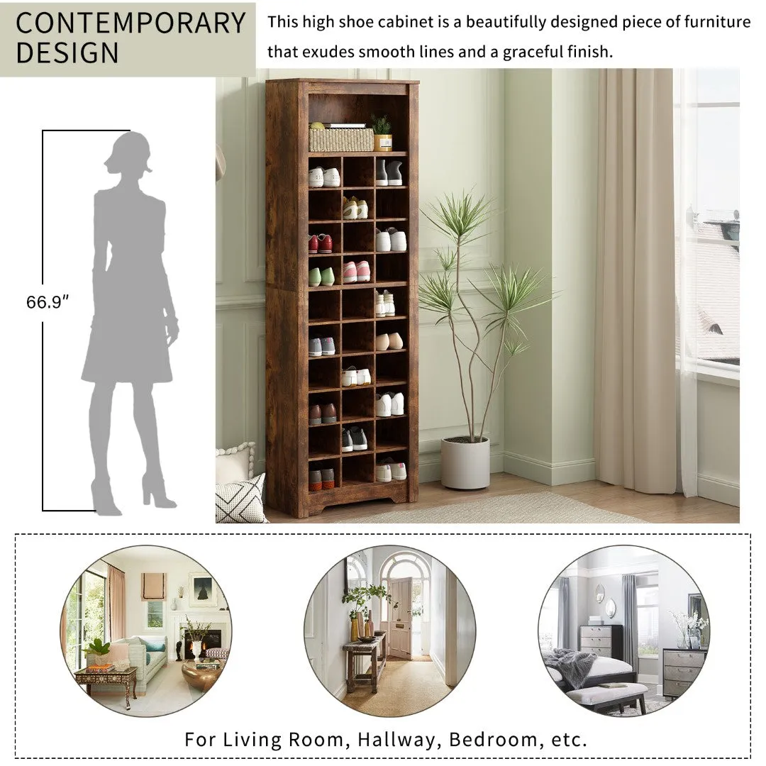 30 Shoe Cubby Console, Contemporary Shoe Cabinet, Multiple Storage, Free Standing, Versatile Use, Rustic Brown