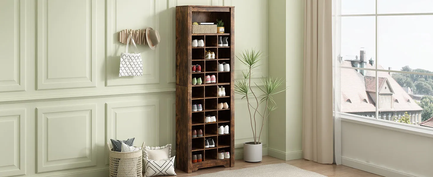 30 Shoe Cubby Console, Contemporary Shoe Cabinet, Multiple Storage, Free Standing, Versatile Use, Rustic Brown