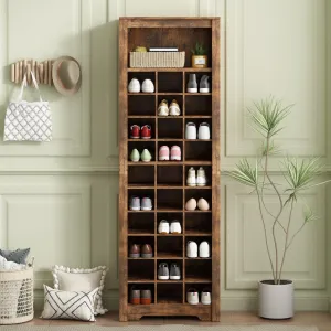 30 Shoe Cubby Console, Contemporary Shoe Cabinet, Multiple Storage, Free Standing, Versatile Use, Rustic Brown