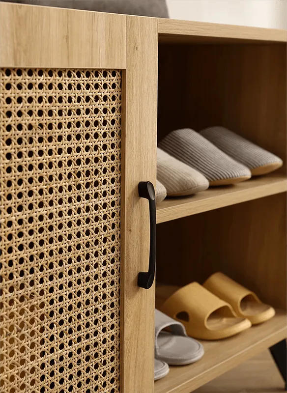 39" Modern Shoe Storage Cabinet with Natural Rattan Mesh Door and Solid Wooden Handle