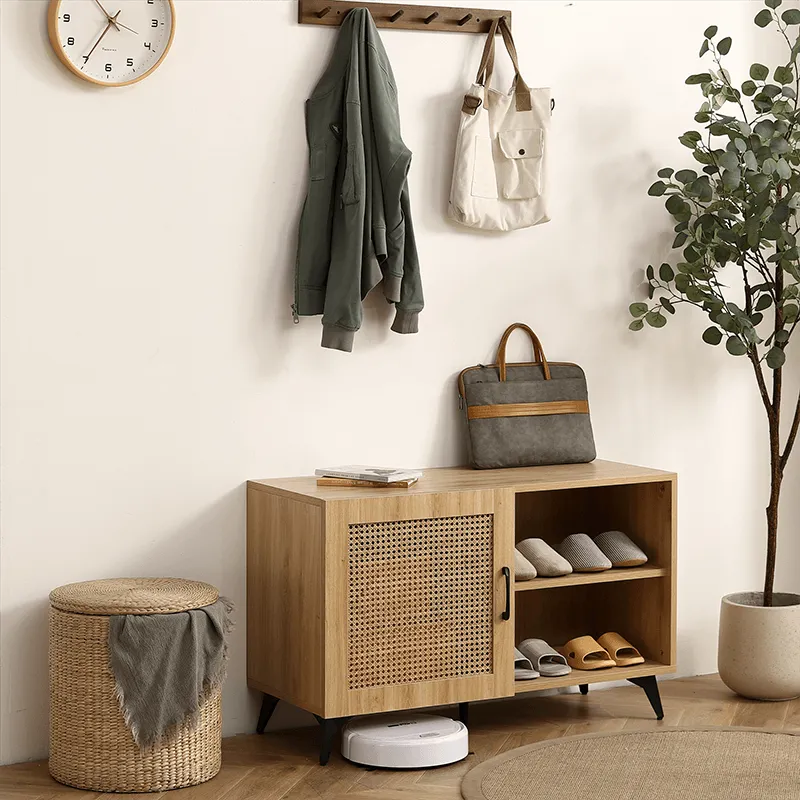 39" Modern Shoe Storage Cabinet with Natural Rattan Mesh Door and Solid Wooden Handle