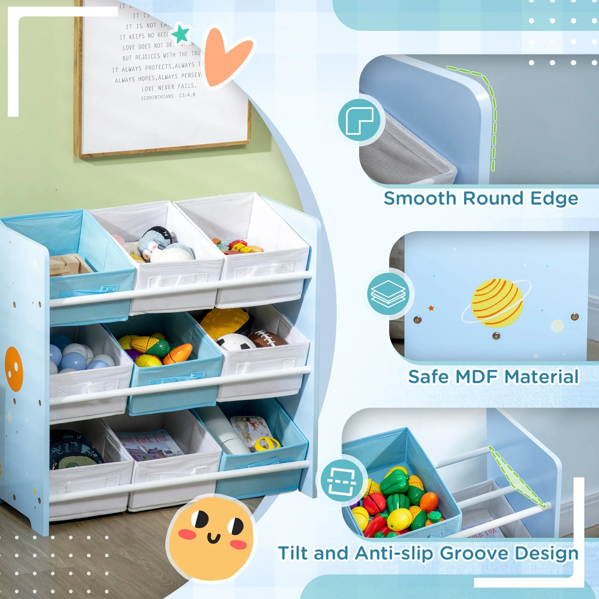 3Piece Kids Bedroom Furniture Set with Bed Toy Box Bench Storage Unit with Baskets Space Themed for 3-6 Years Old Blue