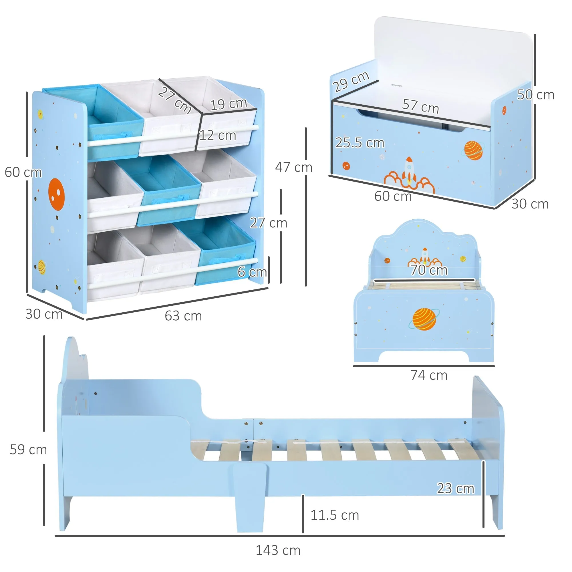 3Piece Kids Bedroom Furniture Set with Bed Toy Box Bench Storage Unit with Baskets Space Themed for 3-6 Years Old Blue