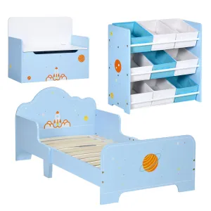 3Piece Kids Bedroom Furniture Set with Bed Toy Box Bench Storage Unit with Baskets Space Themed for 3-6 Years Old Blue