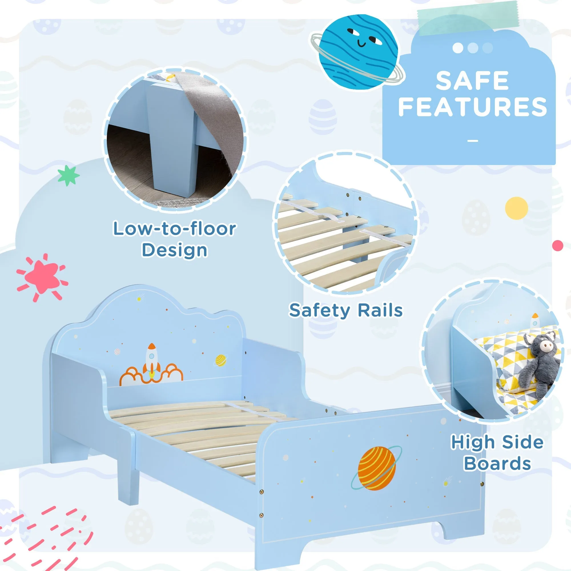 3Piece Kids Bedroom Furniture Set with Bed Toy Box Bench Storage Unit with Baskets Space Themed for 3-6 Years Old Blue
