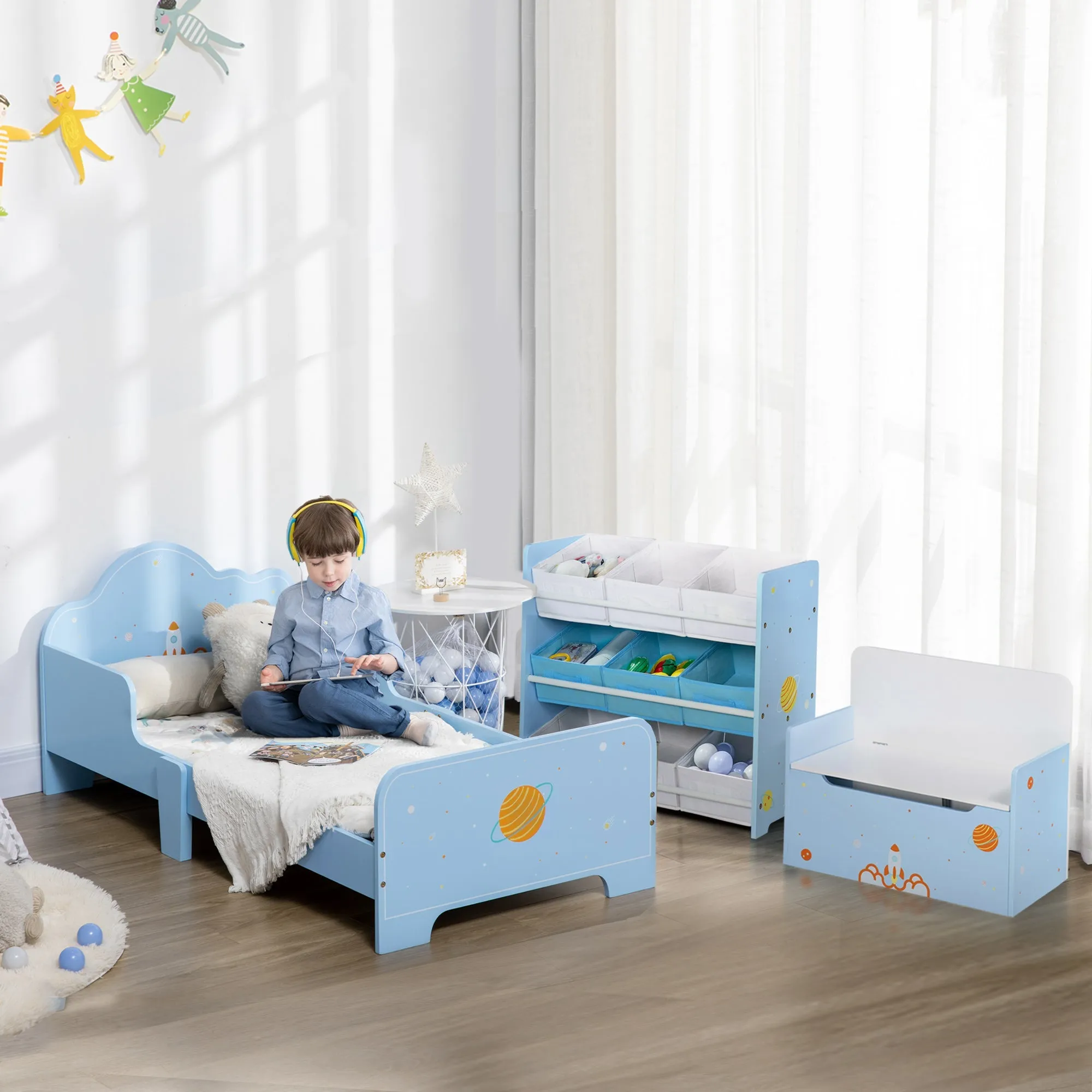 3Piece Kids Bedroom Furniture Set with Bed Toy Box Bench Storage Unit with Baskets Space Themed for 3-6 Years Old Blue