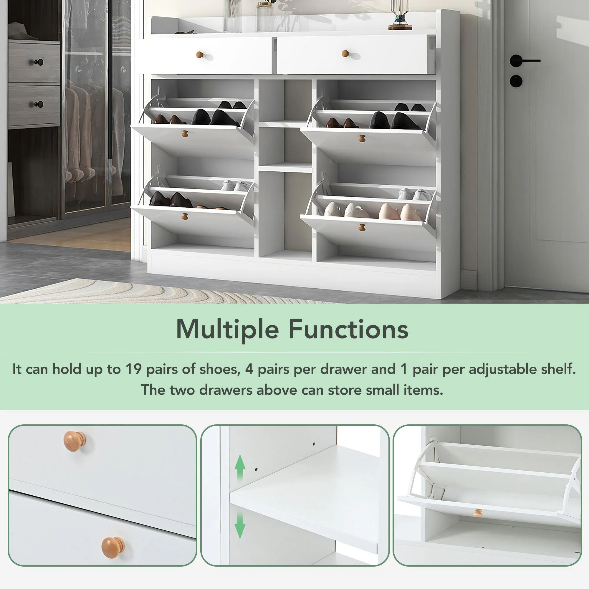4-Drawer Shoe Cabinet with 2-Tier Storage - Holds 19 Pairs - Modern Entryway Organizer