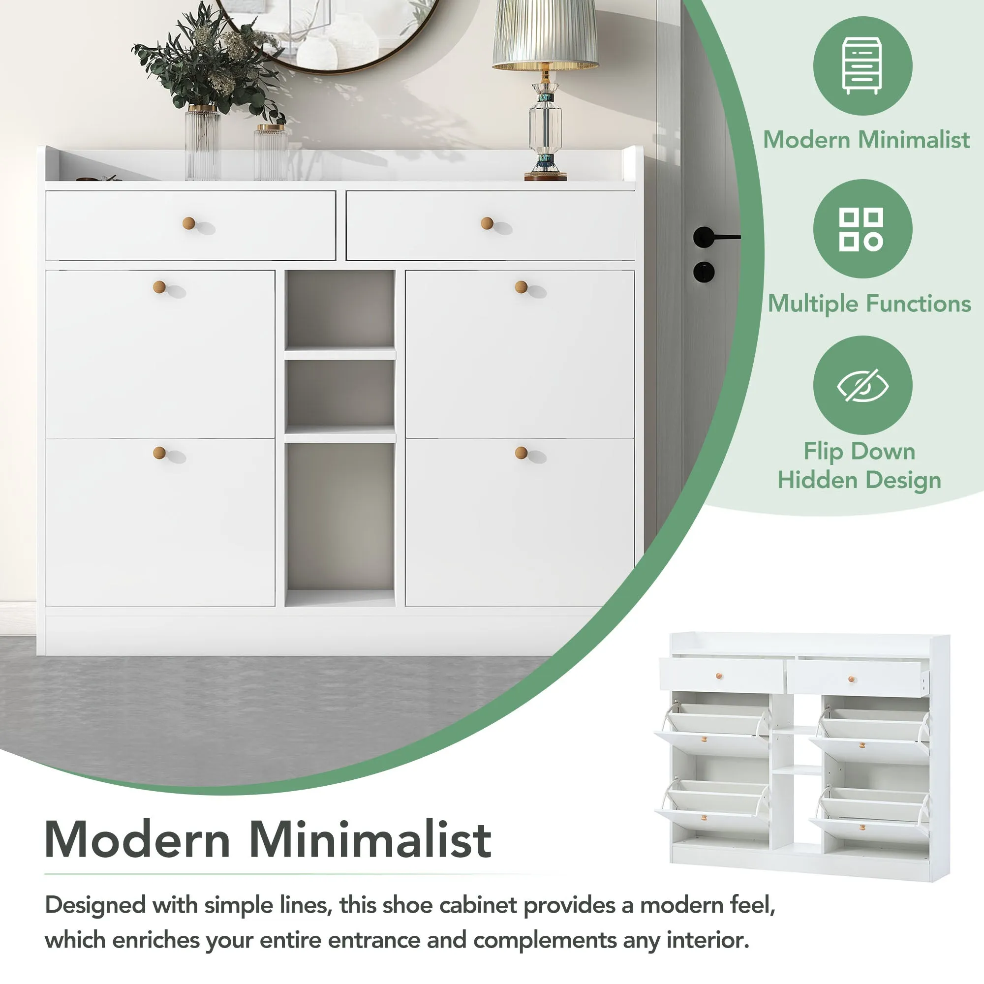 4-Drawer Shoe Cabinet with 2-Tier Storage - Holds 19 Pairs - Modern Entryway Organizer