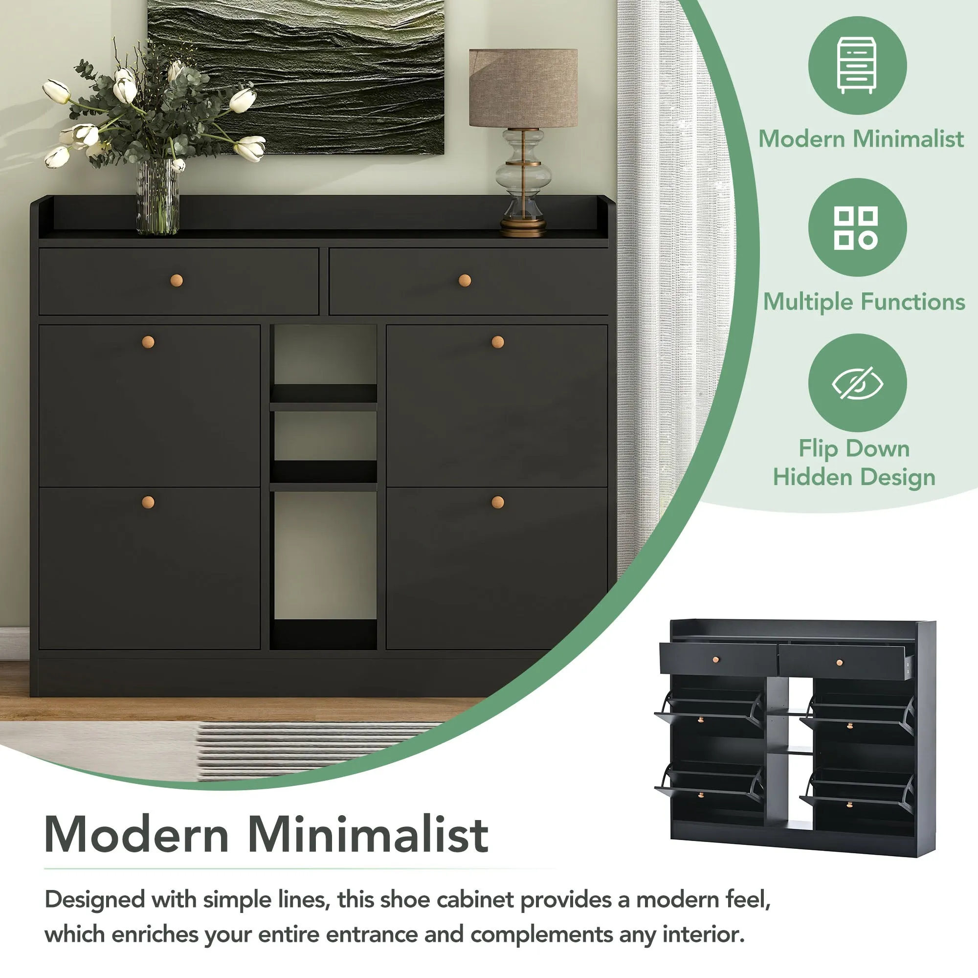 4-Drawer Shoe Cabinet with 2-Tier Storage - Holds 19 Pairs - Modern Entryway Organizer