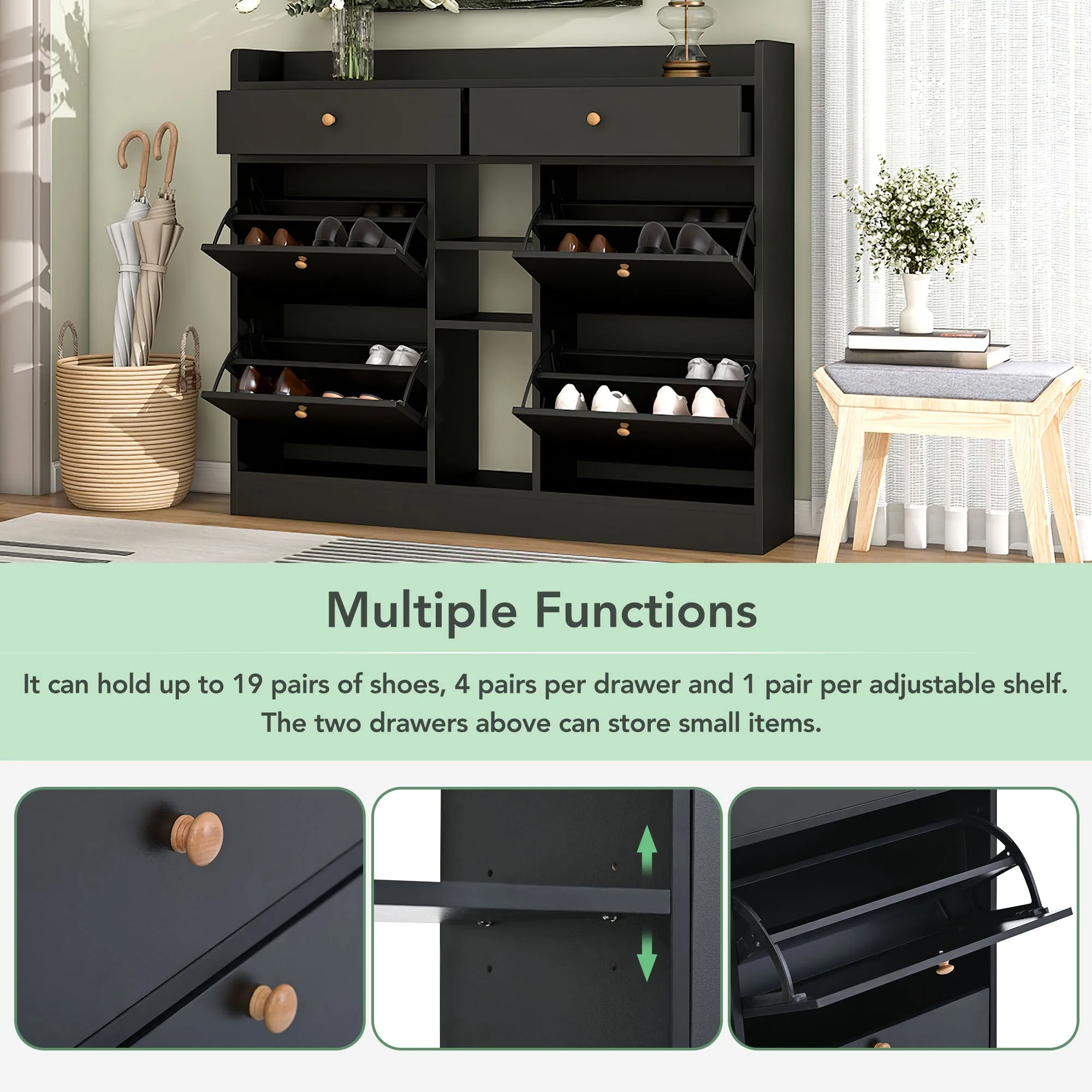4-Drawer Shoe Cabinet with 2-Tier Storage - Holds 19 Pairs - Modern Entryway Organizer