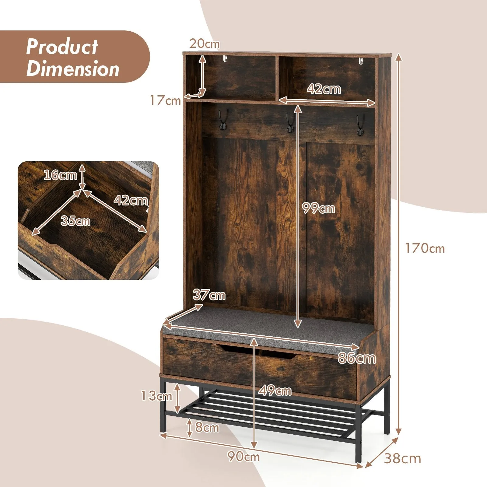 4-in-1 Coat Rack with Seat Cushion and Open Compartments-Rustic Brown