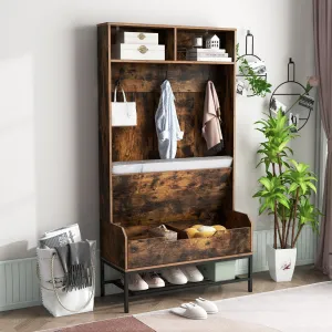 4-in-1 Coat Rack with Seat Cushion and Open Compartments-Rustic Brown