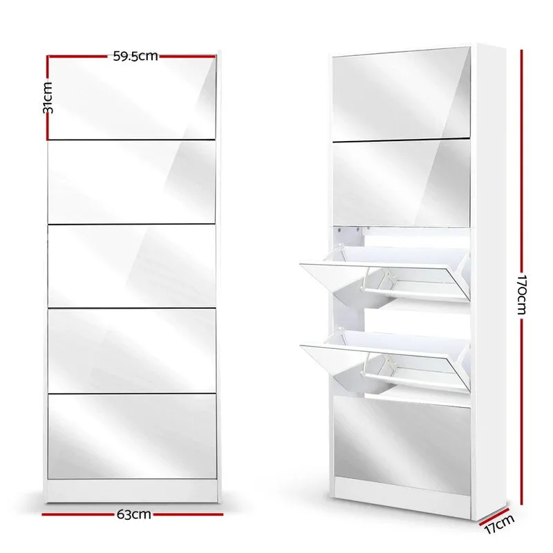 5 Drawer Mirrored Wooden Shoe Cabinet 63cm x 17cm x 170cm