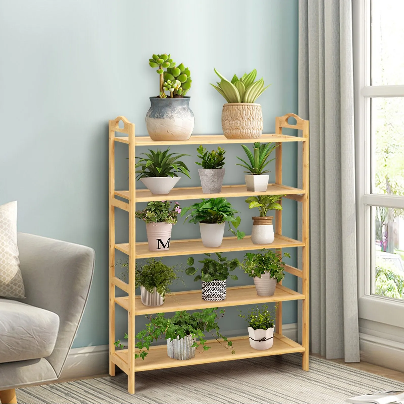 5-Tier Free Standing Bamboo Shoe Rack with Two Rounded Handles-Natural