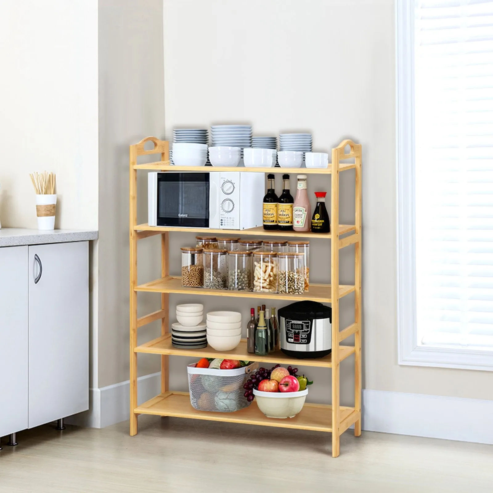 5-Tier Free Standing Bamboo Shoe Rack with Two Rounded Handles-Natural
