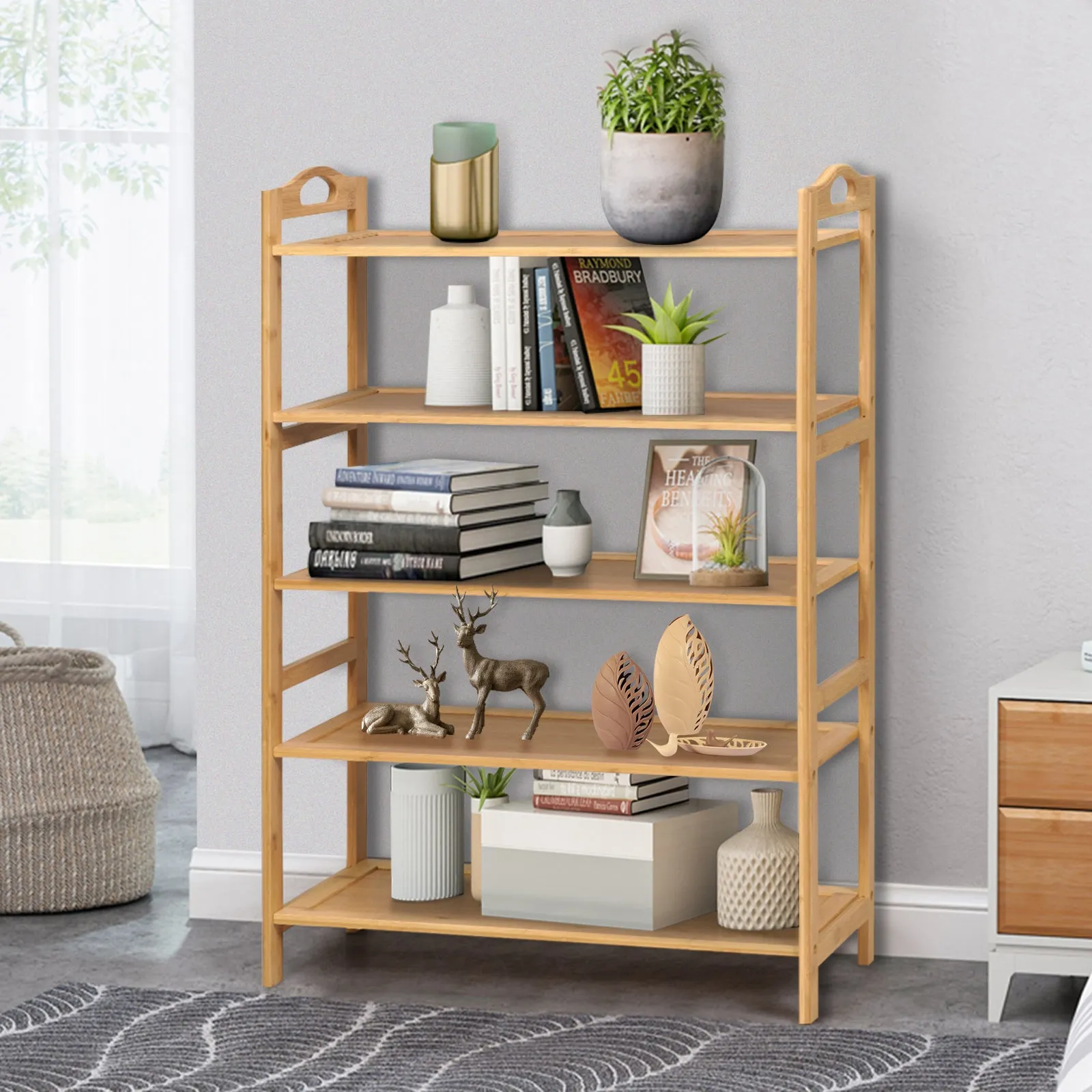 5-Tier Free Standing Bamboo Shoe Rack with Two Rounded Handles-Natural