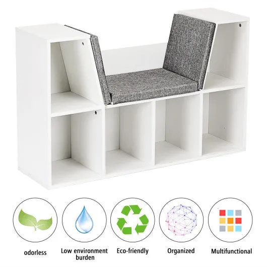 6-Cubby Kid Storage Bookcase Cushioned Reading Nook-White