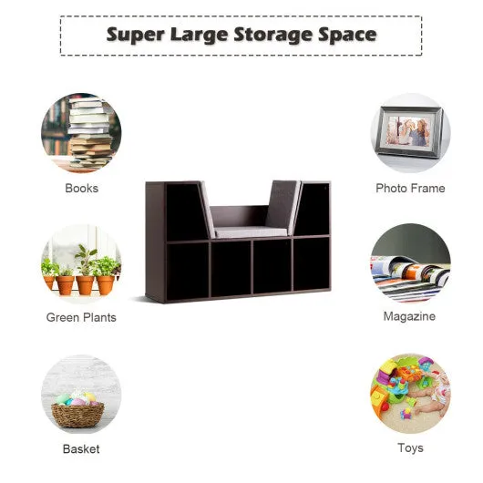 6-Cubby Kid Storage Bookcase Cushioned Reading Nook-White