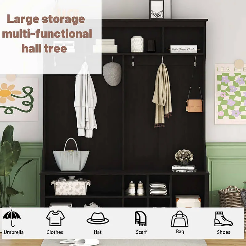 60 4-in-1 Modern Hallway Hall Tree with Storage Bench Cabinets Shelf and Multi-Functional Entryway Coat Rack - Black