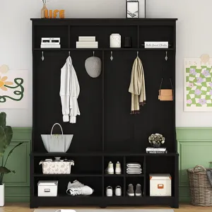 60 4-in-1 Modern Hallway Hall Tree with Storage Bench Cabinets Shelf and Multi-Functional Entryway Coat Rack - Black