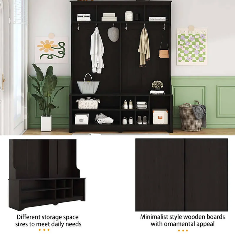 60 4-in-1 Modern Hallway Hall Tree with Storage Bench Cabinets Shelf and Multi-Functional Entryway Coat Rack - Black