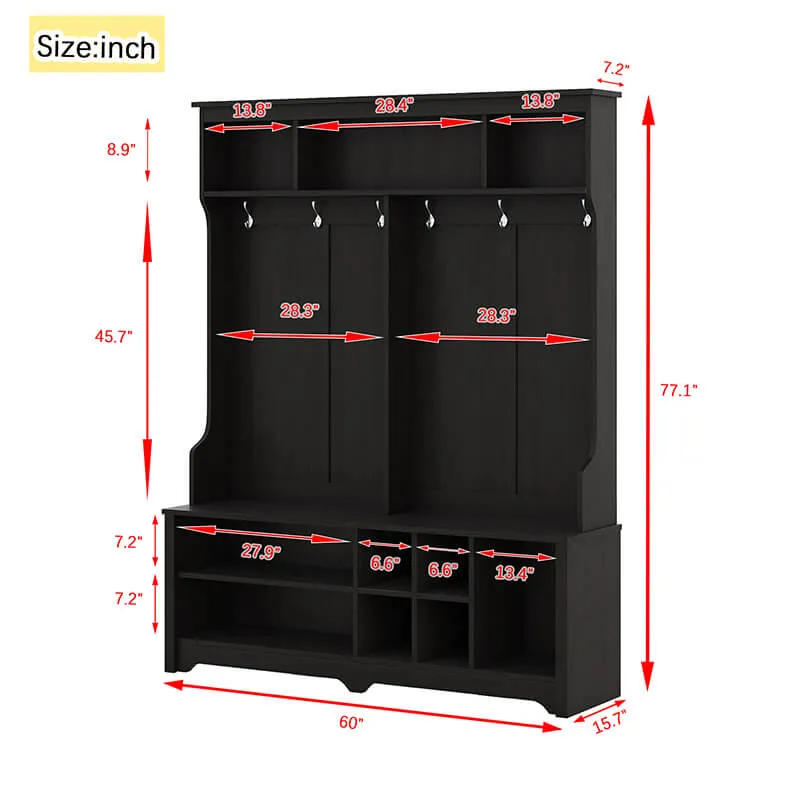 60 4-in-1 Modern Hallway Hall Tree with Storage Bench Cabinets Shelf and Multi-Functional Entryway Coat Rack - Black