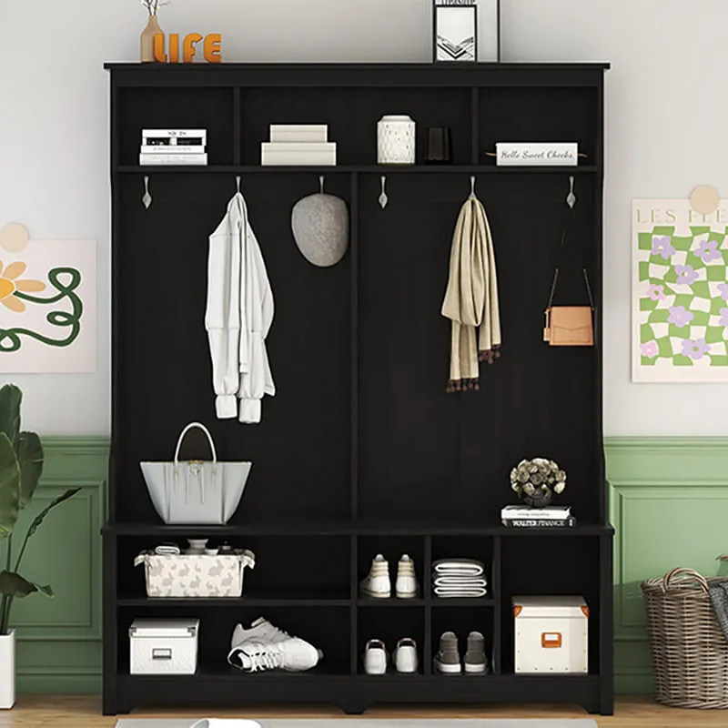 60 4-in-1 Modern Hallway Hall Tree with Storage Bench Cabinets Shelf and Multi-Functional Entryway Coat Rack - Black