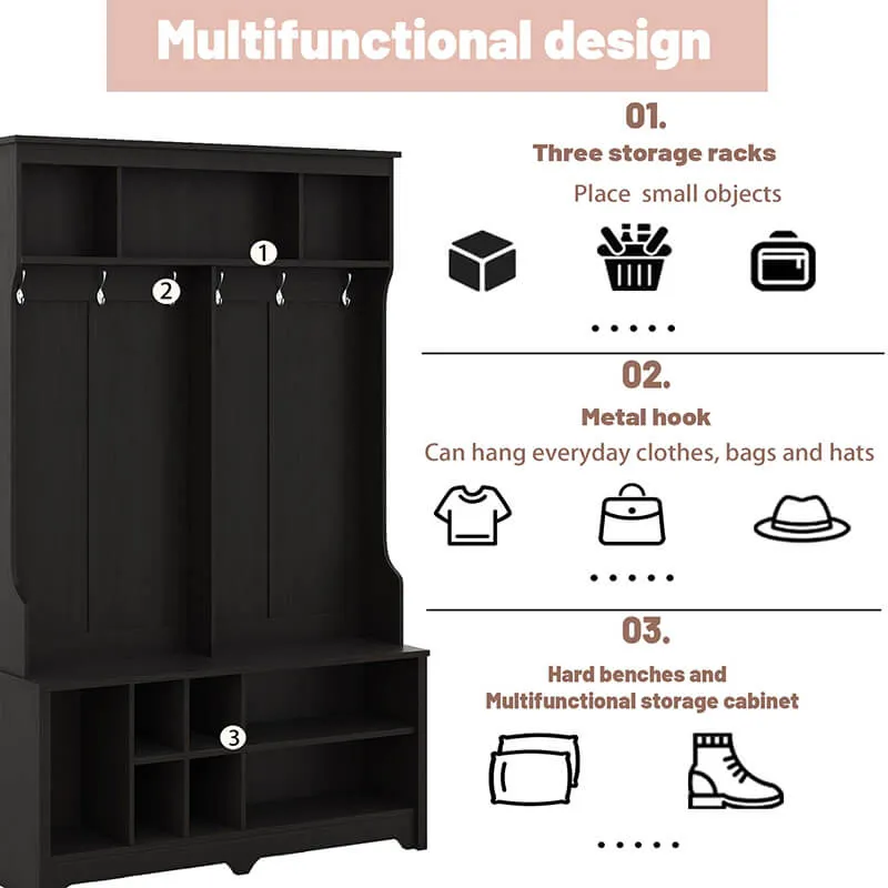 60 4-in-1 Modern Hallway Hall Tree with Storage Bench Cabinets Shelf and Multi-Functional Entryway Coat Rack - Black