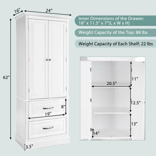 62 Inch Freestanding Bathroom Cabinet with Adjustable Shelves and 2 Drawers-White