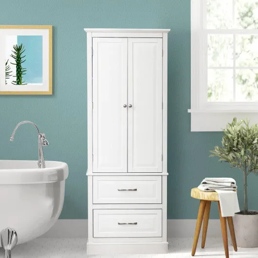 62 Inch Freestanding Bathroom Cabinet with Adjustable Shelves and 2 Drawers-White
