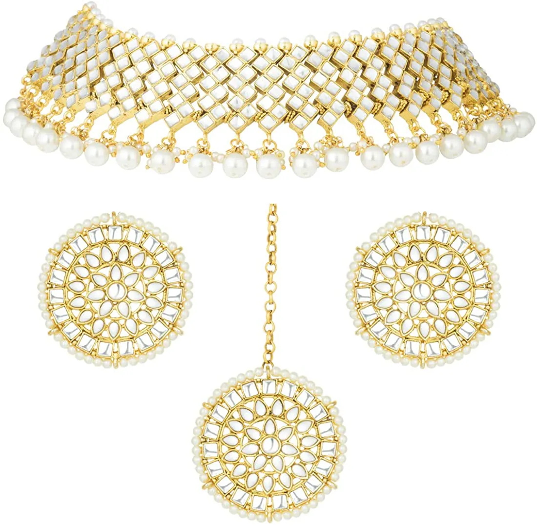 Aheli Elegant Indian Wedding Wear Faux Kundan Studded Choker Necklace with Maang Tikka Set Ethnic Fashion Jewelry for Women