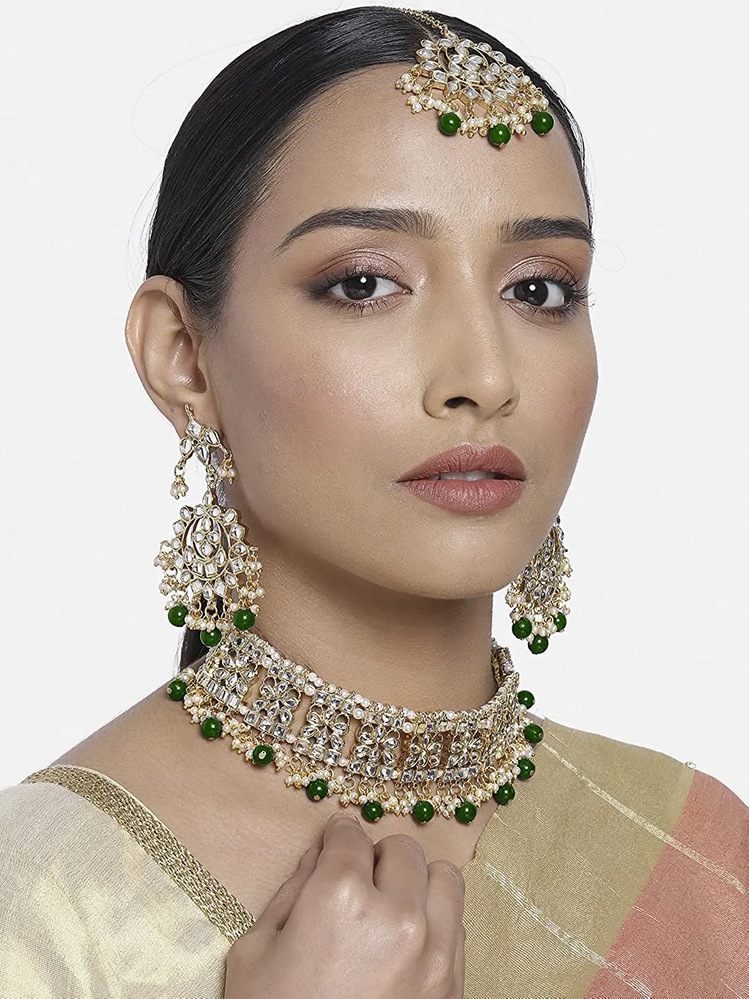 Aheli Elegant Indian Wedding Wear Faux Kundan Studded Choker Necklace with Maang Tikka Set Ethnic Fashion Jewelry for Women