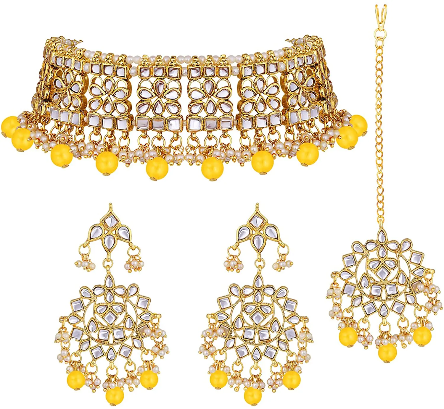 Aheli Elegant Indian Wedding Wear Faux Kundan Studded Choker Necklace with Maang Tikka Set Ethnic Fashion Jewelry for Women