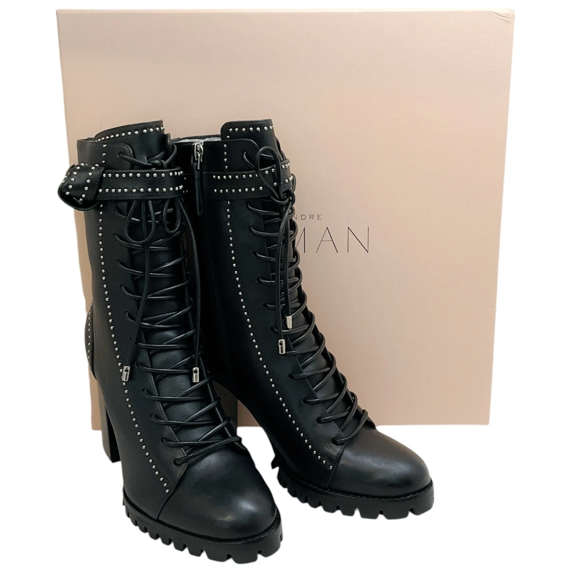 Alexandre Birman Black Studded Lace Up Evelyn Heeled Boots