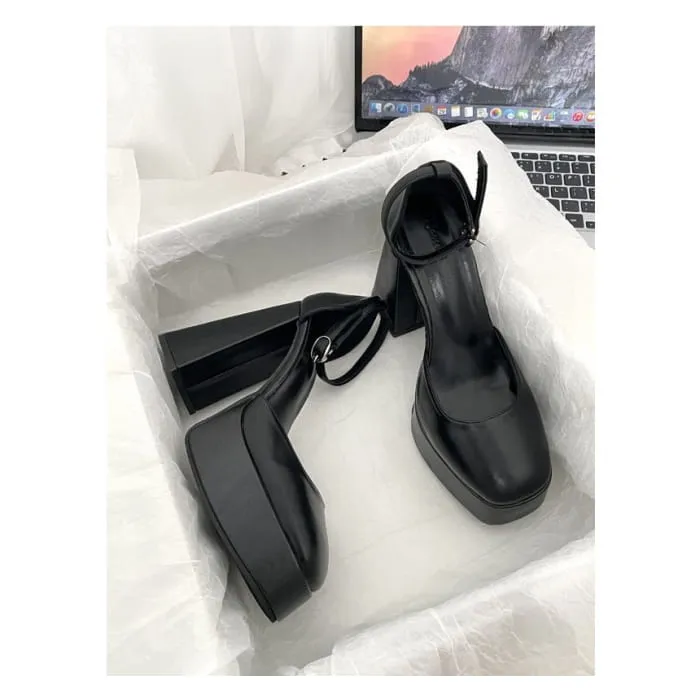 Ankle Strap Faux Leather Platform Block Heel D'Orsay Pumps