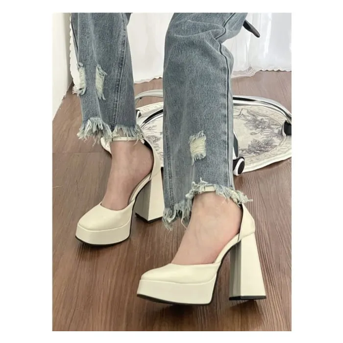 Ankle Strap Faux Leather Platform Block Heel D'Orsay Pumps