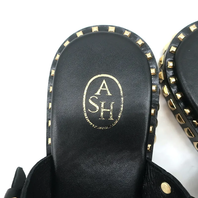 ASH Prince Studded T-Strap Sandals Black Leather Size 37 Flat Slides