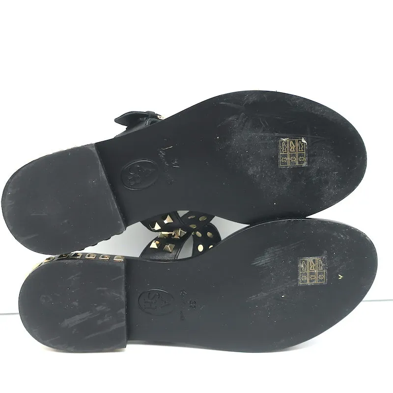 ASH Prince Studded T-Strap Sandals Black Leather Size 37 Flat Slides