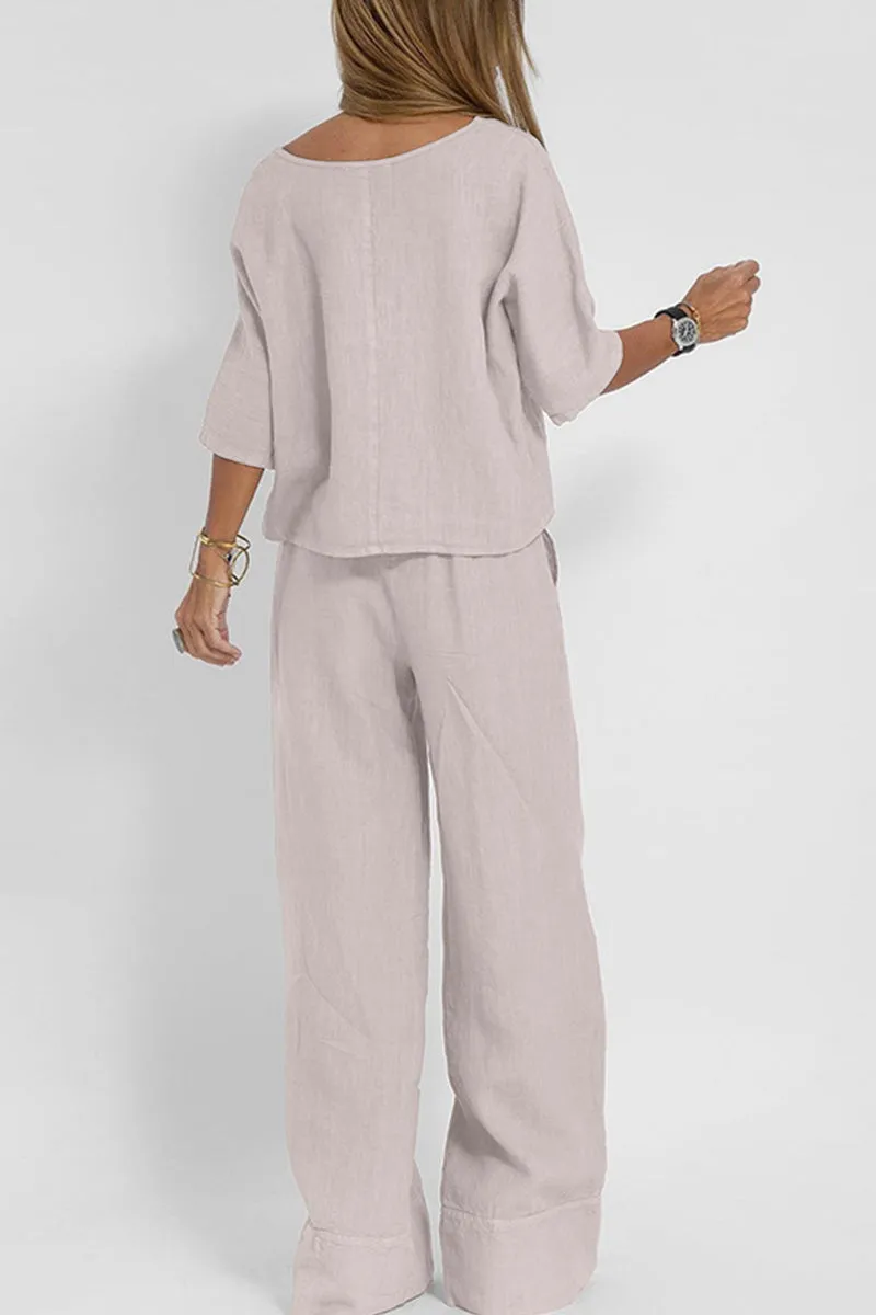 At Ease & Down to Earth: Short-sleeved Pullover & Wide Trouser Matching Set