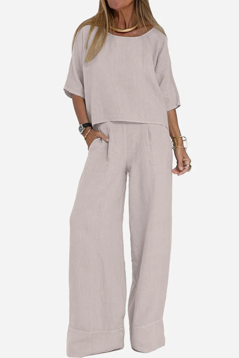 At Ease & Down to Earth: Short-sleeved Pullover & Wide Trouser Matching Set