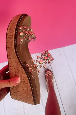 Bad Habit Gold Studded Clear Strap Corkys Wedge