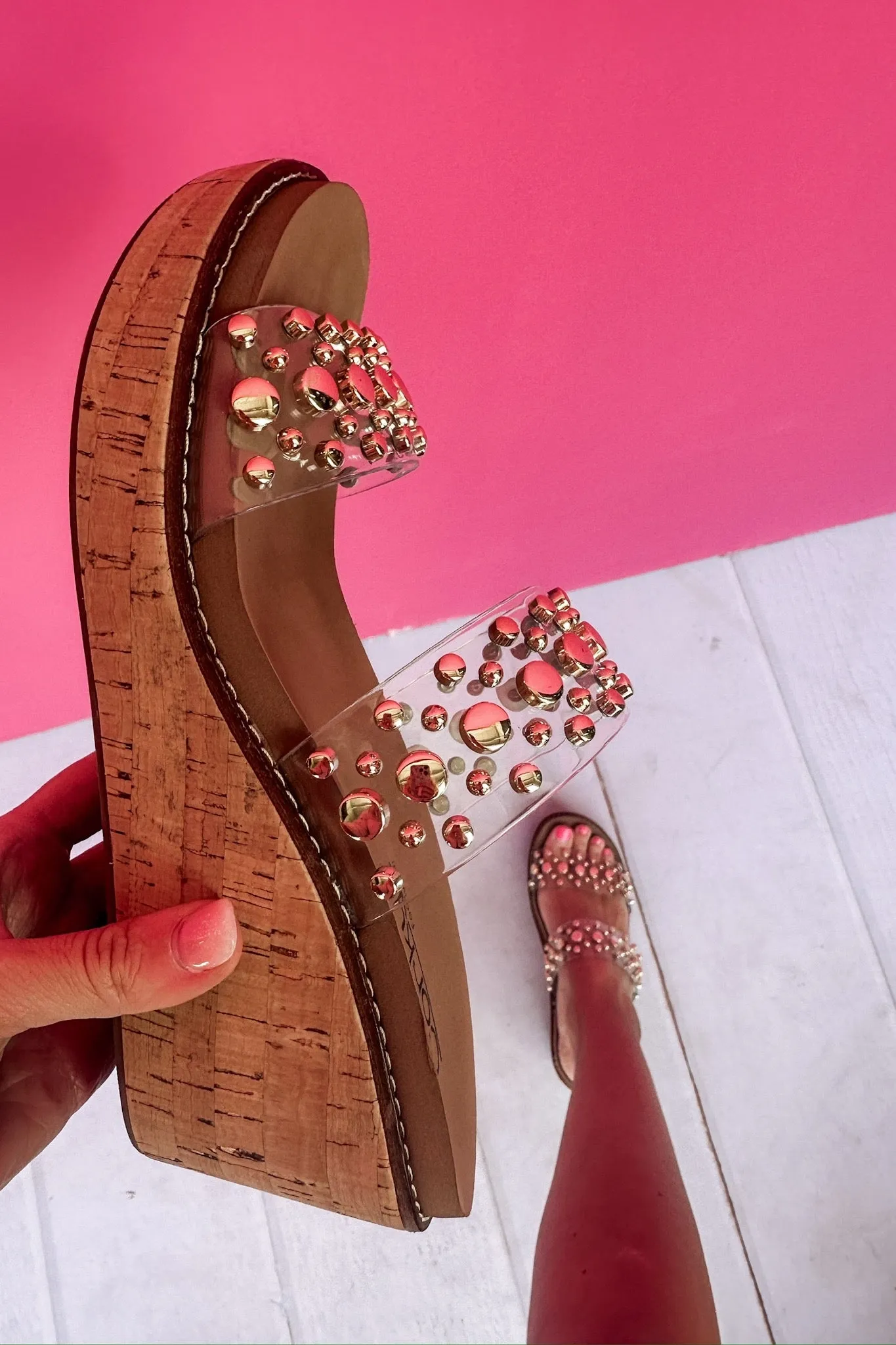 Bad Habit Gold Studded Clear Strap Corkys Wedge