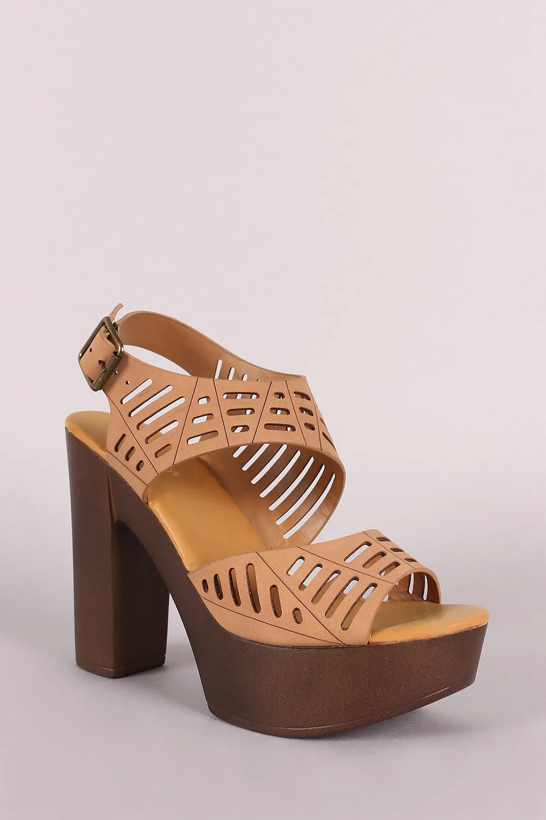 Bamboo Nubuck Cutout Ankle Strap Platform Chunky Heel