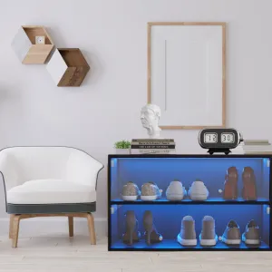 Black Glass Door Shoe Storage Cabinet with RGB LED Lights